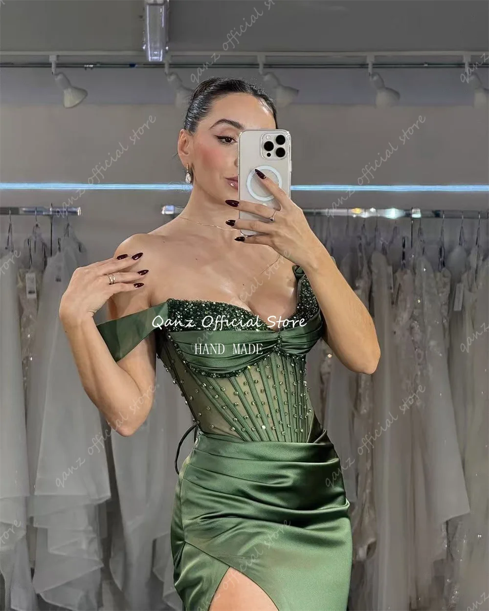 Qanz Mermaid Olive Green Prom Dresses Beadings Hgh Slit Satin Off Shoulder Evening Luxury Dress Vestidos De Festa Customized