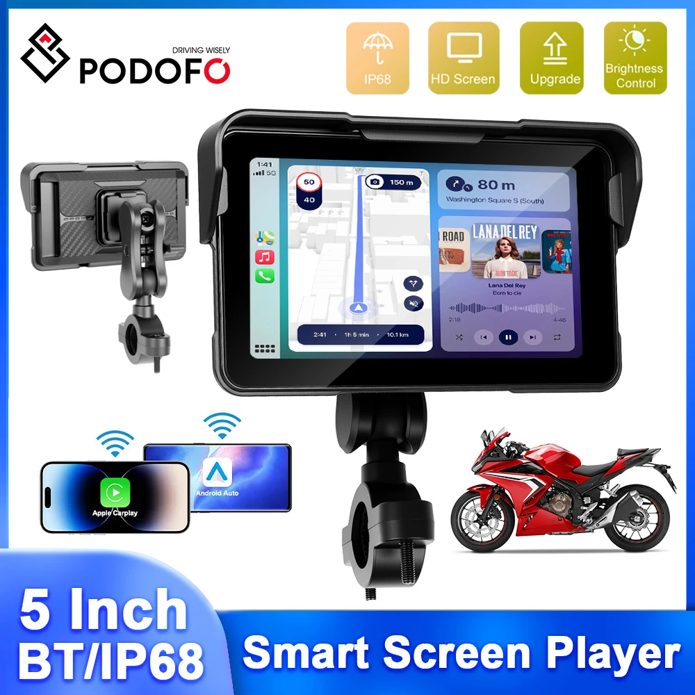 Podofo 5inch Motorcycle Carplay Android Auto Smart Screen Player Tyre Pressure Monitoring IP68 Waterproof Brightness Adjustment