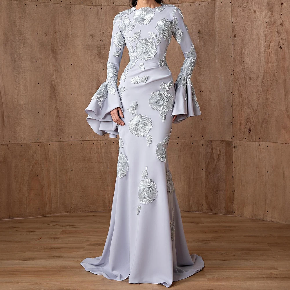 

Fashion Jersey Flowers Straight Flare sleeves Evening Dress Delicate Floor Length Long Sleeves فساتين سهره نسائيه فخمة