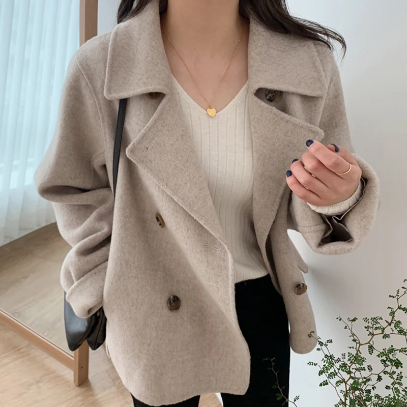 Temperament Suit Collar Woolen Coat  Women Chic Autumn/Winter Double Breasted Casual Loose Versatile Long sleeved Warm Jacket