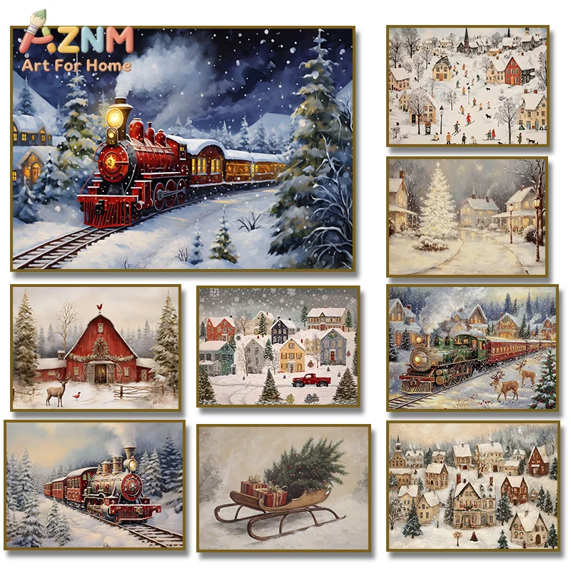 AZNM, Vintage Winter Christmas Snowy Village Train Canvas Wall Art, 2D Flat Frameless Print, Retro Holiday Snow Landscape Painti