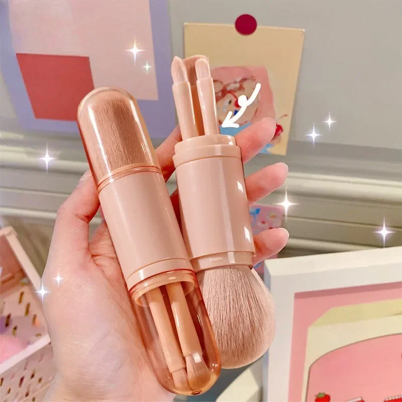 4-in-1-Reise-Make-up-Pinsel-Set, einziehbarer Kabuki-Pinsel und 3 kleine Pinsel für die Augen mit weichen Borsten, klein, tragbar für Touch
