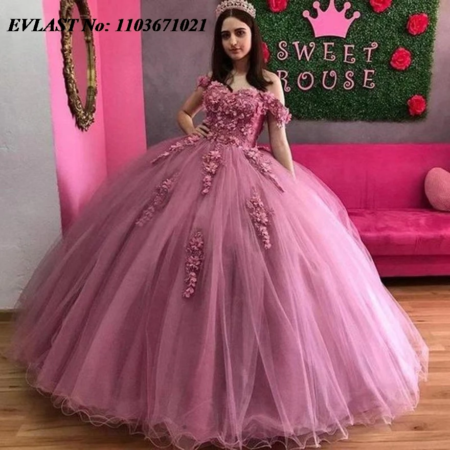 EVLAST Customized Hot Pink Quinceanera Dress Ball Gown Lace Applique Beaded Tulle Mexican Sweet 16 Vestidos De 15 Anos SQ518