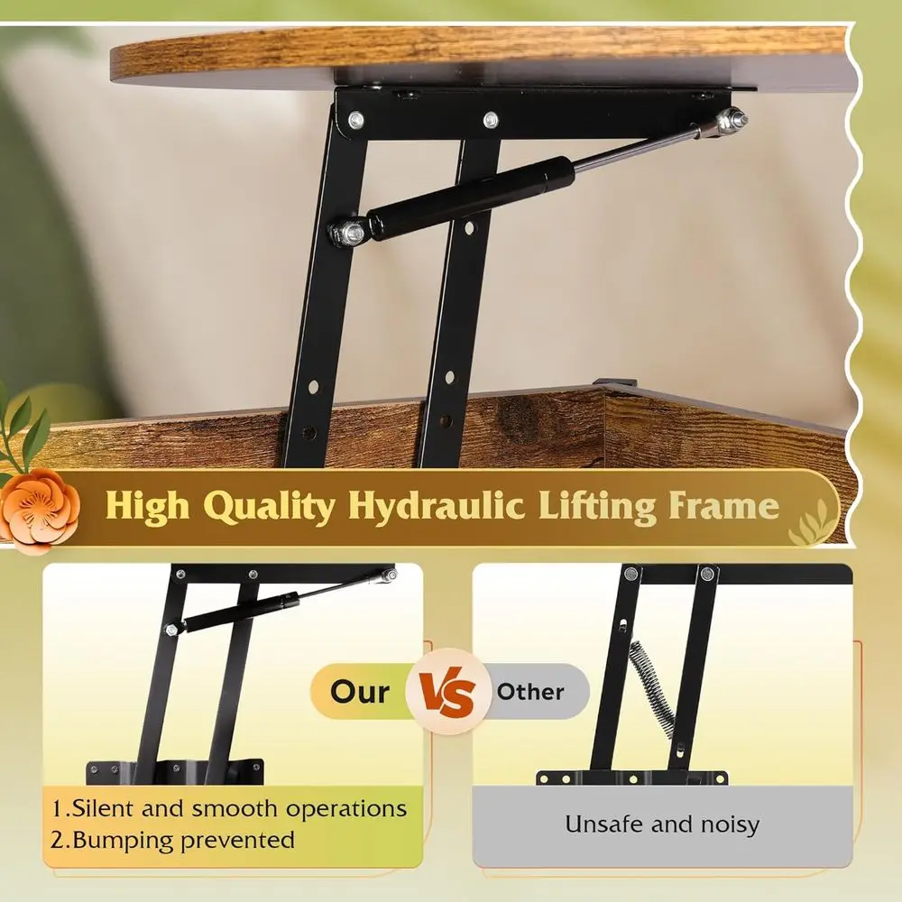 طاولة قهوة قابلة للرفع على طراز المزرعة مع مساحة تخزين ودرج مخفي، لون بني من طبقتين لغرفة المعيشة والمكتب المنزلي #6