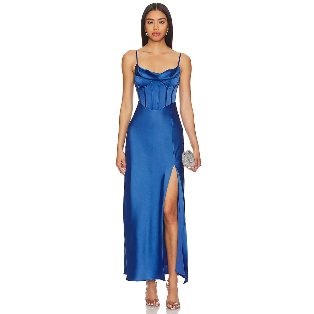 Abito da sera da donna in raso blu royal con spalline sottili, tubino, abito da ballo, abito da festa formale, lunghezza alla caviglia, abito semplice saudita