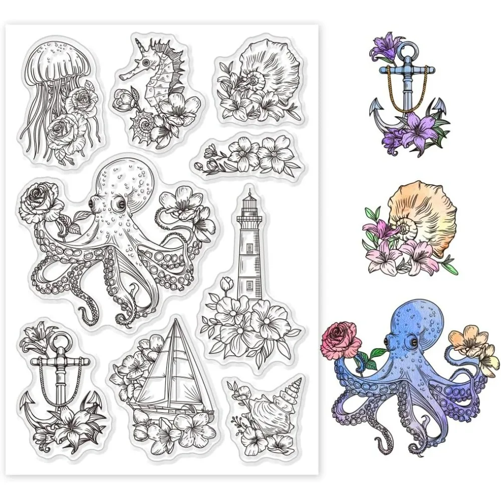 Transparente Stempel mit Meer, Oktopus, Qualle, transparente Gummistempel, Leuchtturm-Silikonstempel für DIY Scrapbooking, Fotoalbum, dekorativ