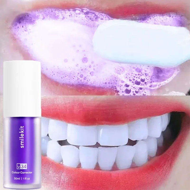 V34 30ml SMILEKIT Purple Whitening Toothpaste Fresh Breath Brightening Teeth Reduce Yellowing Care Remove Stains For Teeth Gums