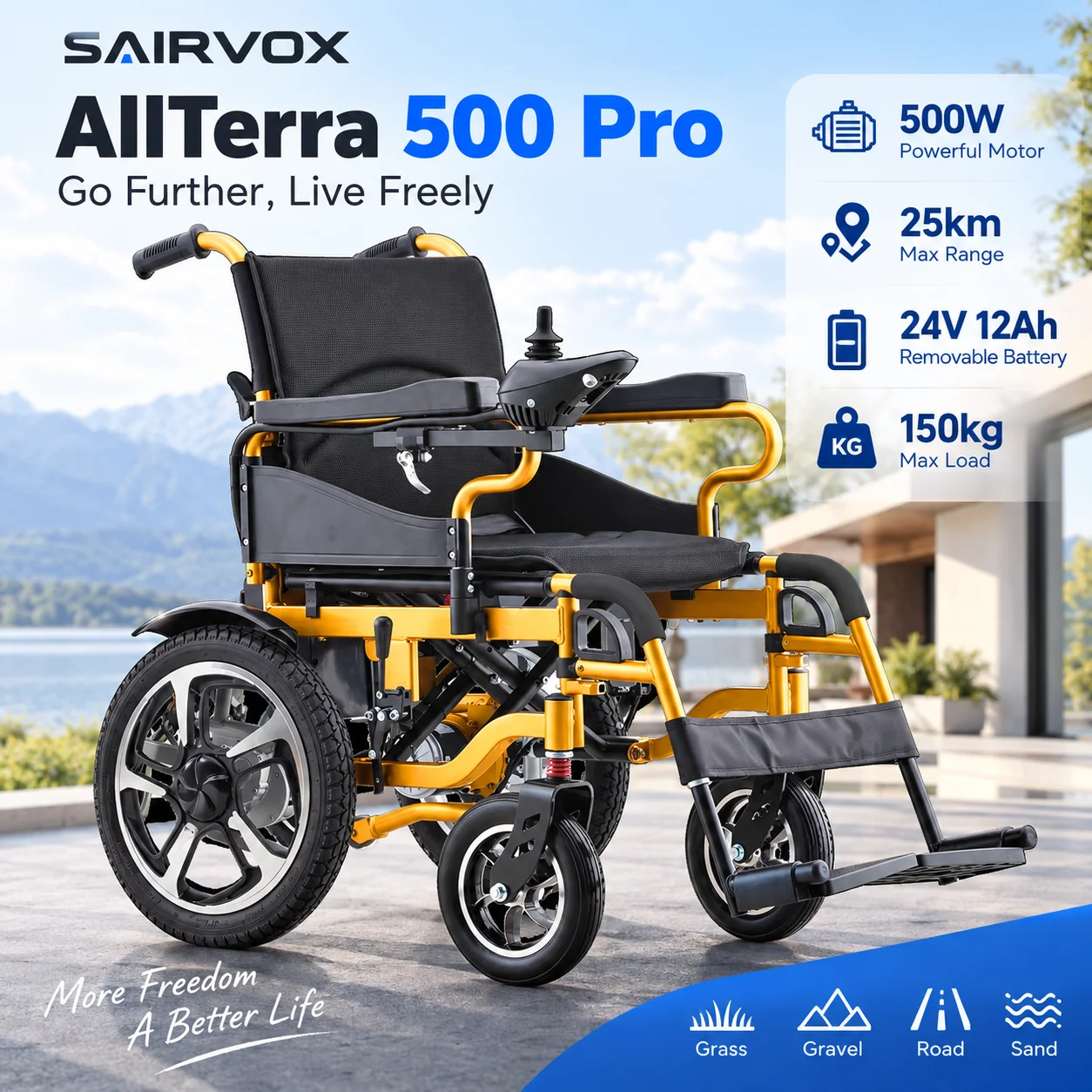 Fauteuil roulant électrique SAIRVOX AllTerra 500 Pro pliable 500W tout terrain 24V 12Ah amovible 25km 150kg équipement de voyage en extérieur pour personnes âgées