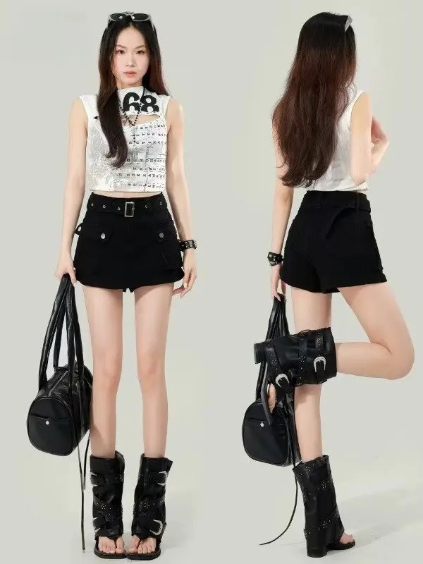 

Cool Spicy Black High Waist Denim Skirt Women Summer plus Size American Retro Loose Slimming Short Pants Skirt
