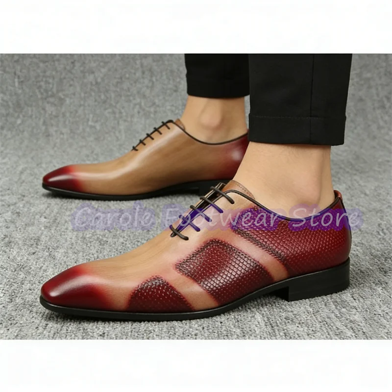 

British Style Mixed Color Genuine Leather Loafer Male Handmade Pointed Toe Lace-Up Shallow Oxfords Wedding Bussiness Dress Shoes