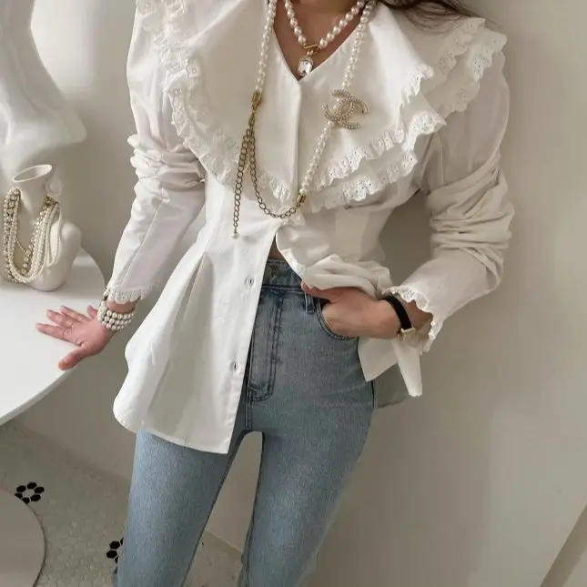 Double Lapel Peter Pan Collar Women\'s Shirt Patchwork Lace Pleated Long Sleeve Korean Blouse Elegant Stylish Office Lady Outfit