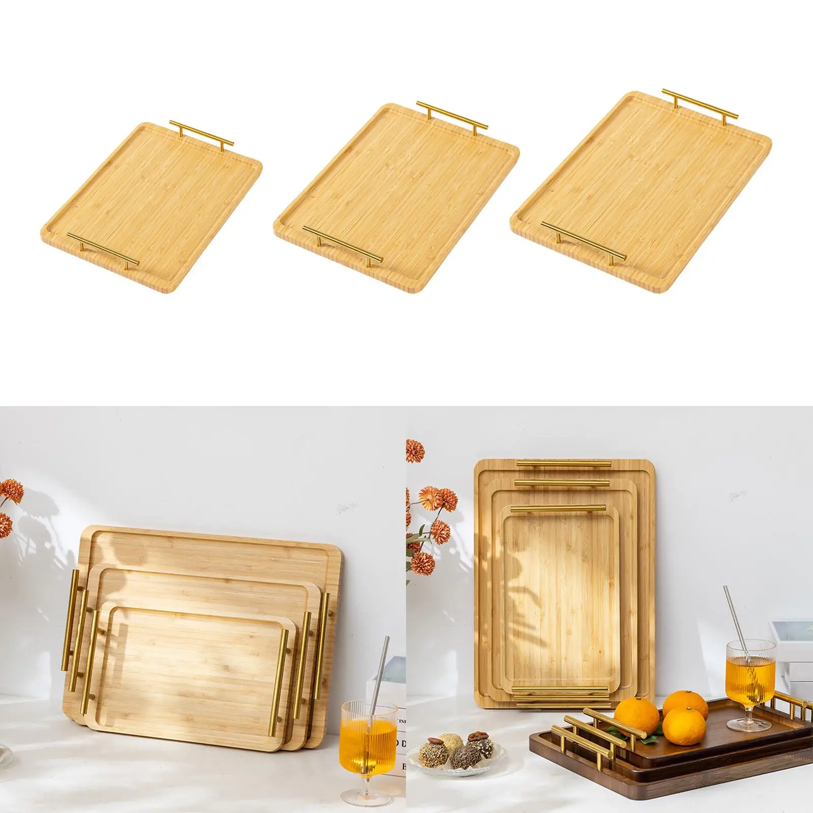 

Serving Tray Makeup Organizer with Metal Handle Bamboo Rectangular Bathroom Tray for Cafes Restaurants Jewelry Snack Bars