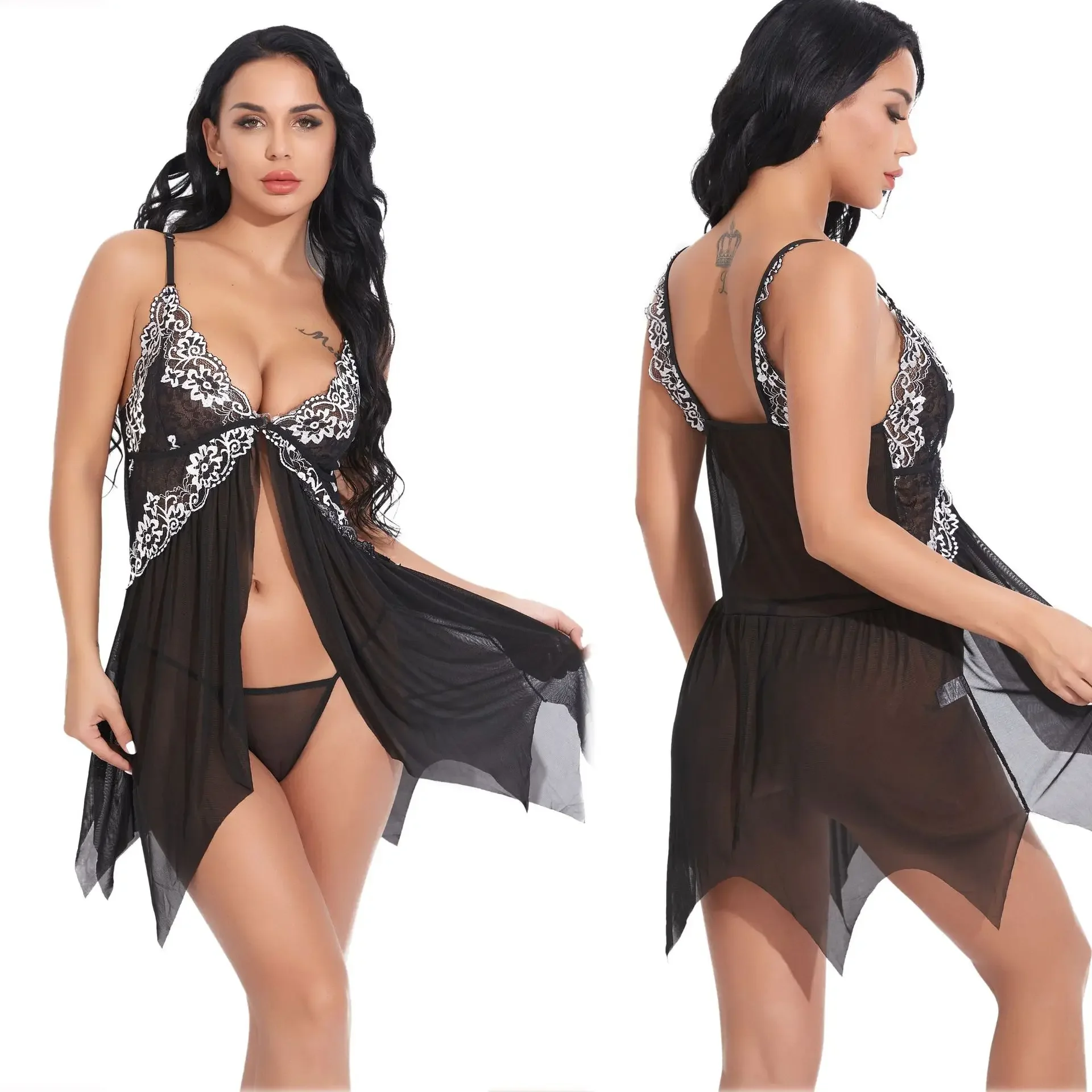 여성 섹시 란제리 베이비돌 속옷 에로틱 드레스 시스루 레이스 슬립웨어 나이트드레스 + 끈 팬티 섹시 코스튬 섹스 드레스