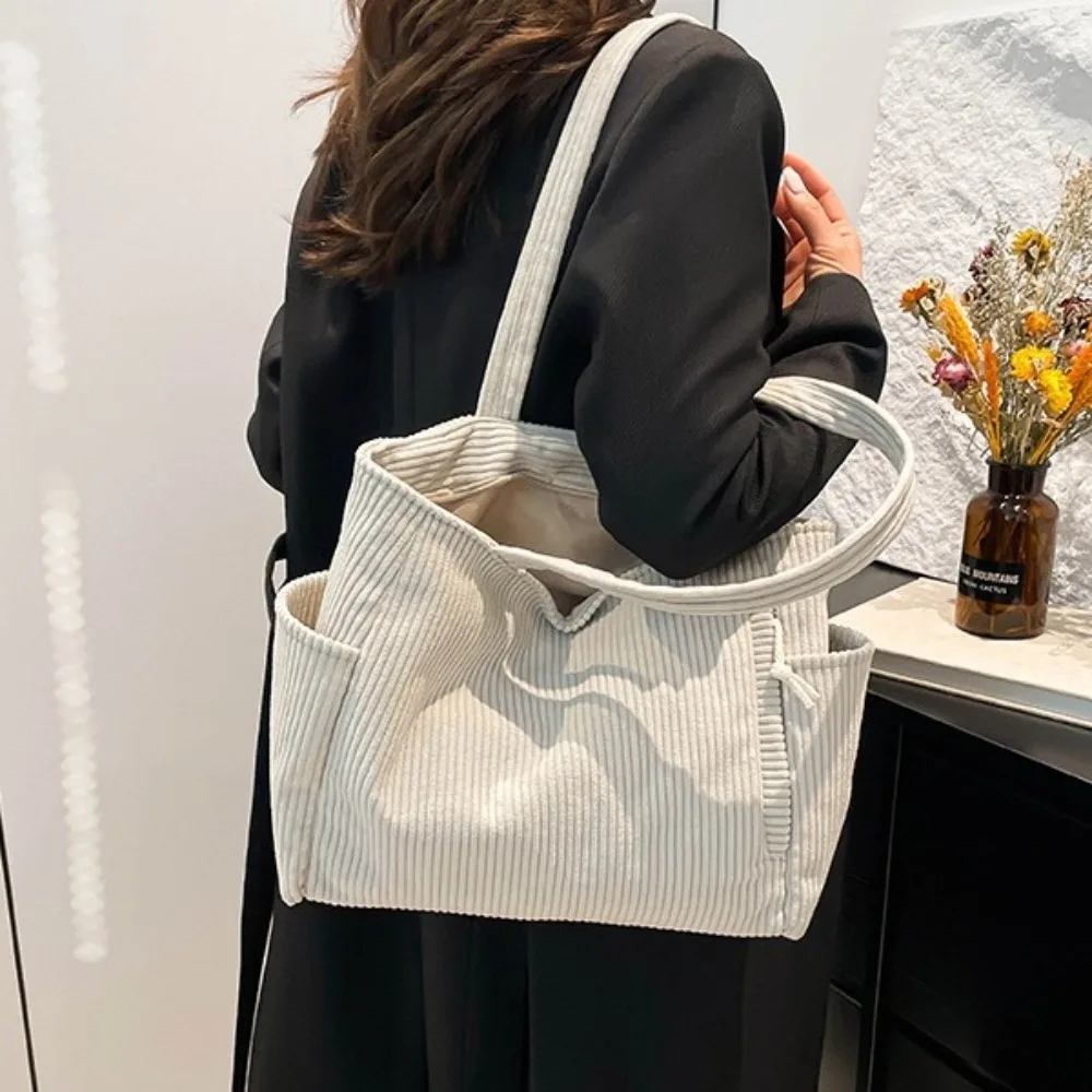 

Large Capacity Casual Corduroy Handbag Solid Color with Zipper Closure Leisure Shoulder Bag Shoulder Strap Fashion