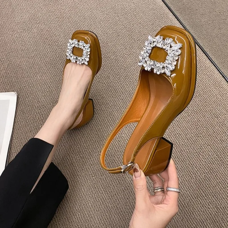 

Summer New Baotou Sandals Women's French Retro Square Headed Water Diamond Buckle Back Hollow Thick Heel Sandals Large 42