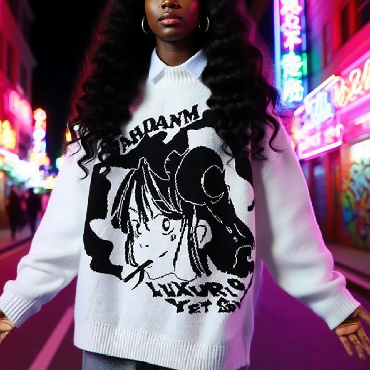 

Retro Japanese Anime 2D Girl Long Sleeve Sweater for Women Loose Fit Casual Pullover Knitwear for All Seasons Couple Matching