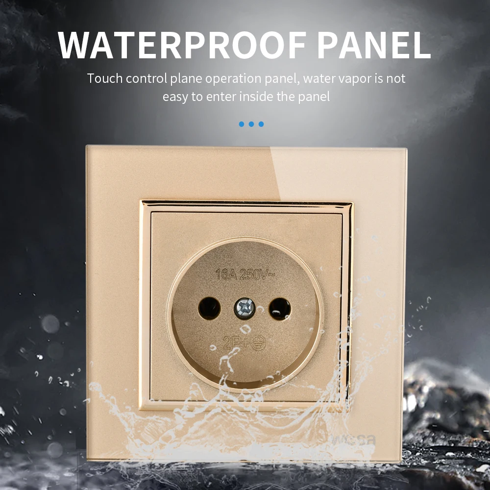 WESA Luxury Crystal Tempered Glass Panel Gold Wall Socket Flame Retardant EU Standard Power Socket Electrical Outlet No Ground