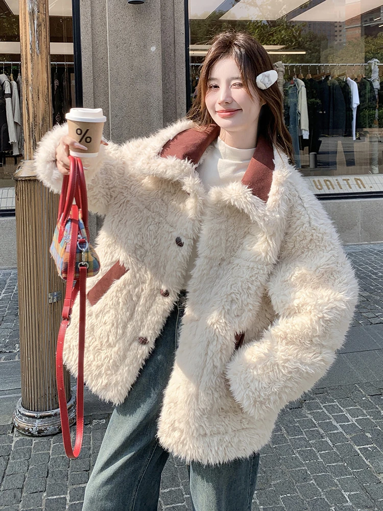 Chaqueta de piel de cordero de doble cara de estilo coreano para mujer, abrigo de aodón de piel y cuero inteado ueso pa...