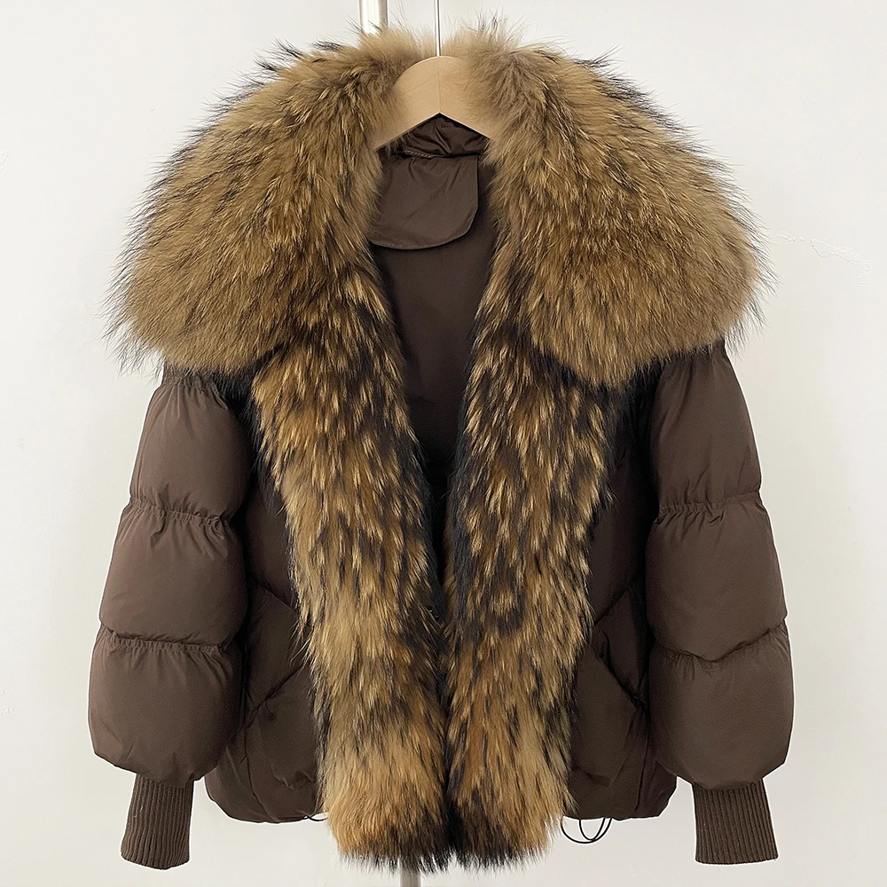 

Real Raccoon Fur Jacket Winter Large Knit Sleeve Warm Real Fur Coat Puffer Jacket Women Thick White Duck Down Coat Oversize