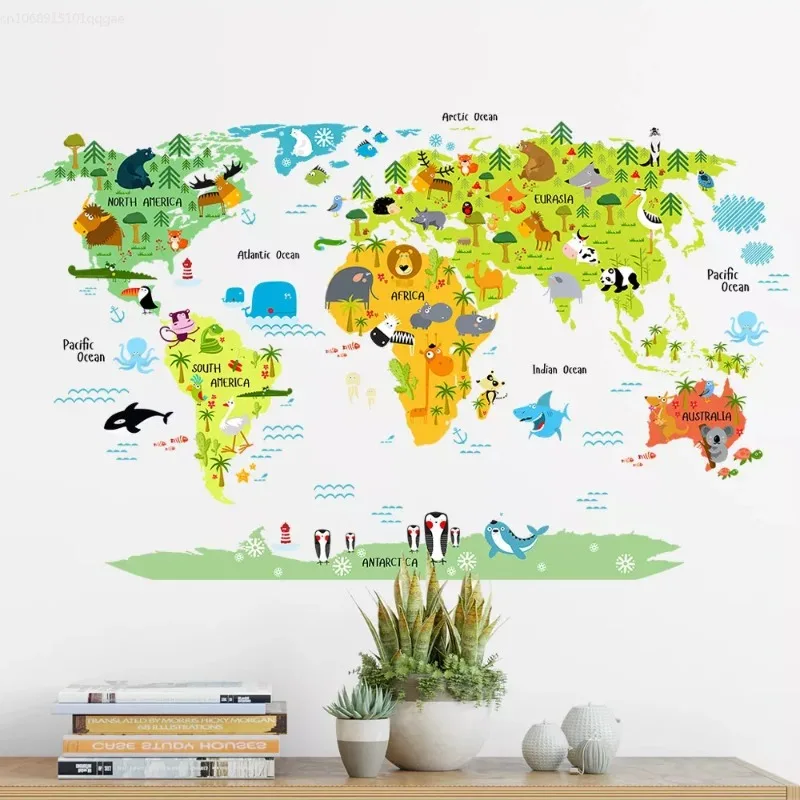 Cartoon World Map PVC DIY Self Adhesive Vinyl Wall Stickers Bedroom Home Decor for Children Room Decoration Art Wall Decal Mural