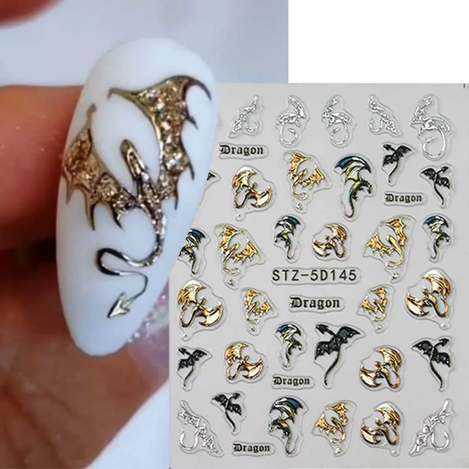 1/2 Stück 5D geprägte metallische bunte Drachen-Nagelaufkleber Schneeflocken selbstklebende DIY-Nagelaufkleber Sliders Maniküre-Dekorationen – Detail 4