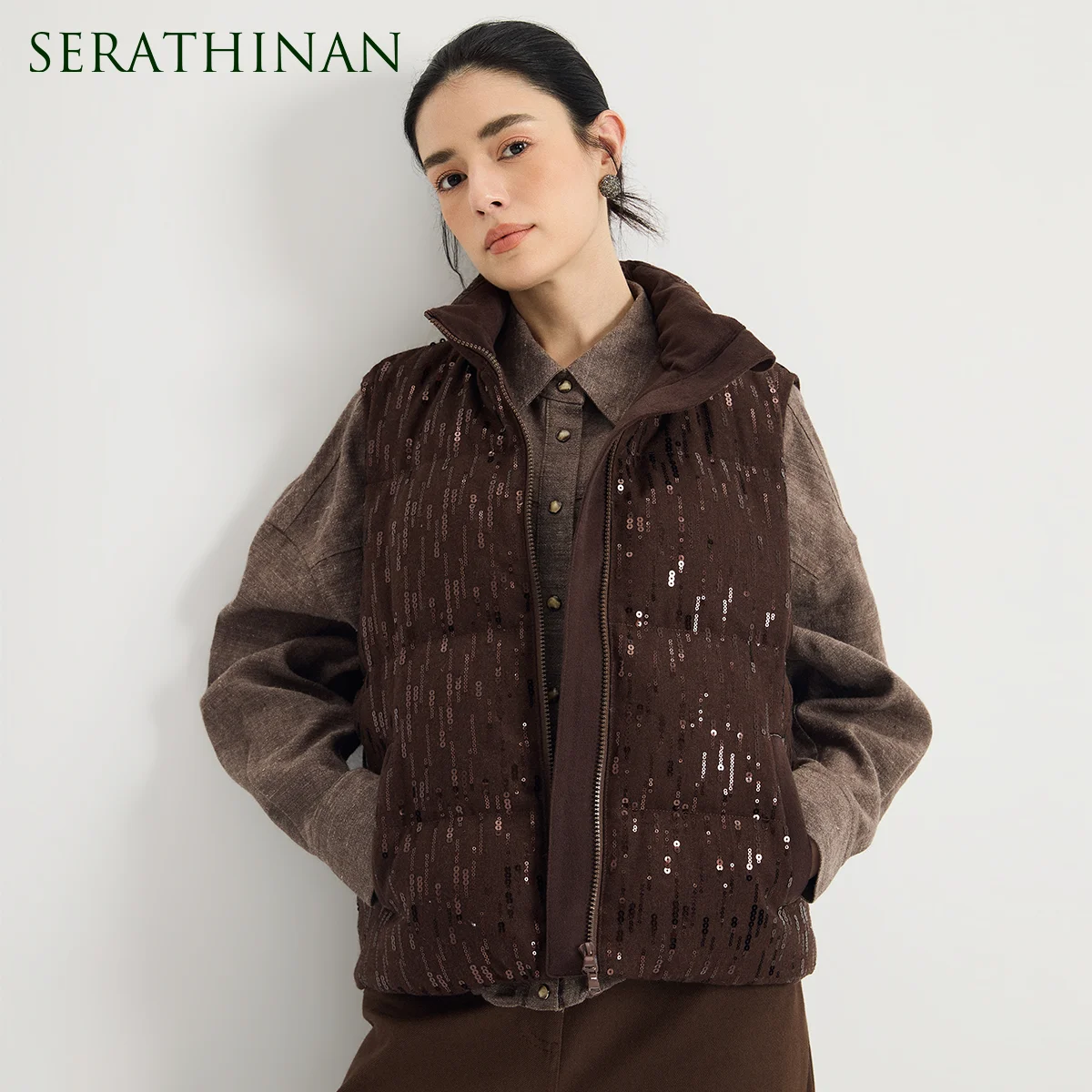 KX9523451 Women's Wool Blend Goose Down Vest Sequin Stand Collar Chain Trim Pocket Quiet Luxury Early Autumn Fall