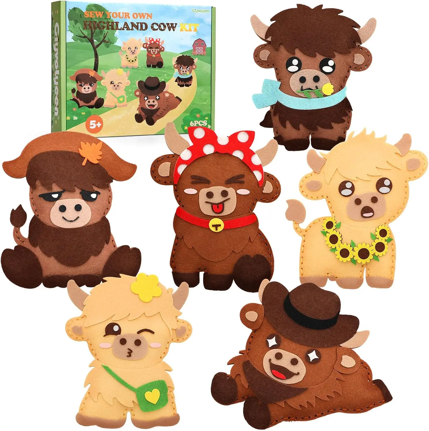 

Highland Cow Sewing Kit for Kids - Age 5 6 7 8 9 10 11 12, Beginners First Sewing Arts & Crafts with 6 PCS Stuffed Animal