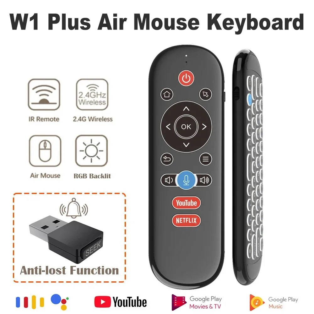 W1 PLUS  Wireless Air Mouse Keyboard Mini 2.4G Backlit 6-Axis Gyro IR Learning Anti-loss Voice Remote Control for Android TV Box