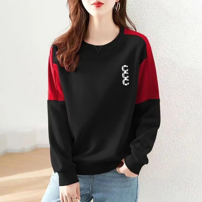 Women Trendy Contrast Color Print Casual Streetwear Sweatshirts Y2K Autumn Female O Neck Long Sleeve Loose Cotton Pullover Tops