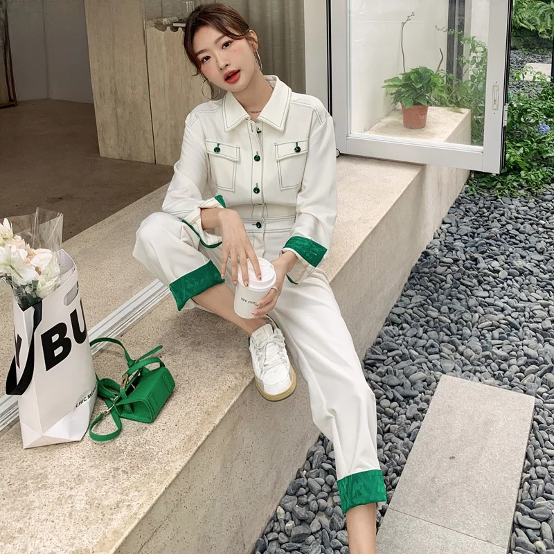 

Casual Loose Women's Overall Pants Color Block Workwear Style Spring New Fashion High Waist Polyester Fiber Pocket Design