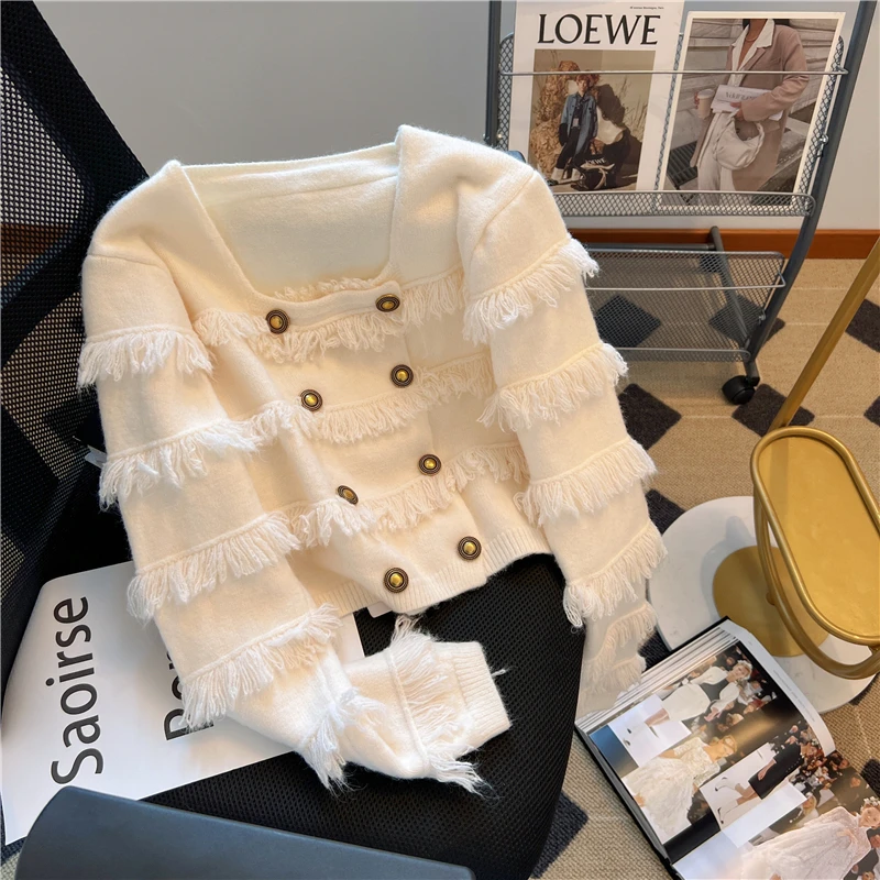 

Heavy Industry Tassel Plush Knitted Coat Women 2023 Fall Winter New Slimming Long Sleeve Warm Sweater Metal Button Cardigan Top