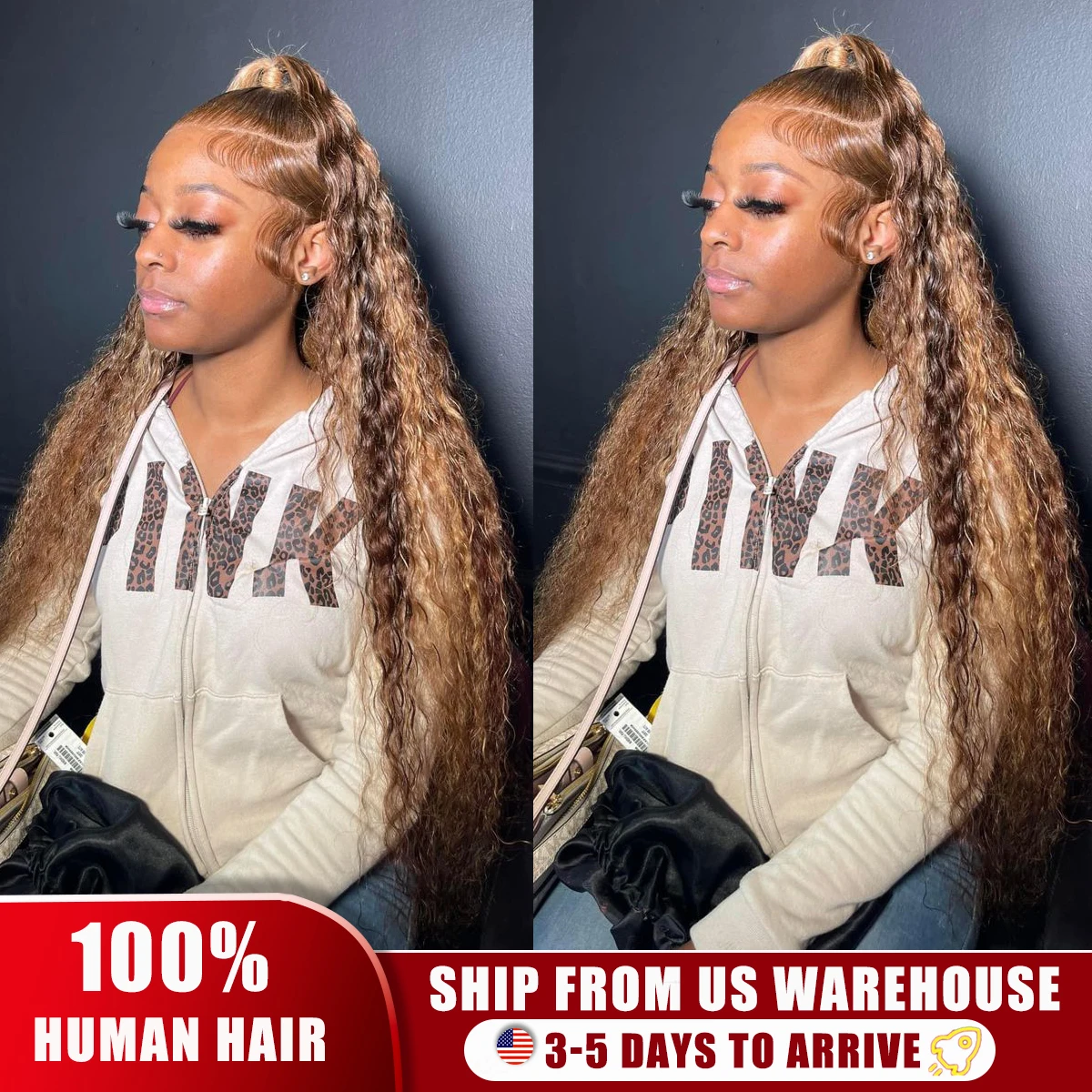 Peruka z ludzkich włosów z kręconymi pasemkami, peruka typu 13x6 HD Lace Front, ombre miodowy blond, peruka typu deep wave frontal, brazylijskie włosy dla kobiet