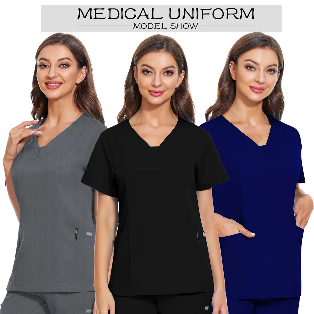 Beauty Salon Pocket Nursing Uniform Ladies Short Sleeve V-neck Blouse Care Workers Scrub Tops Nurse Workwear Medical Uniforms