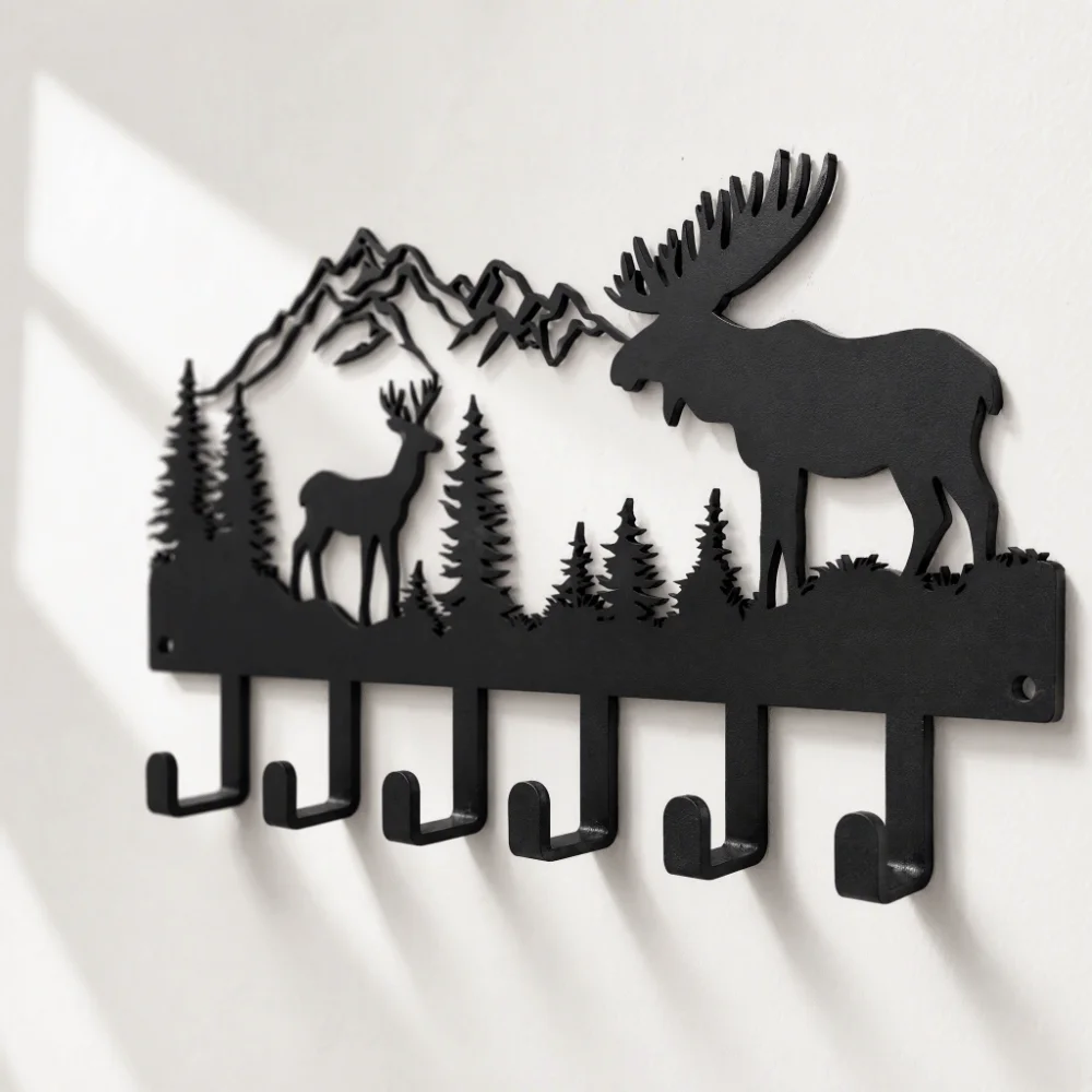 6 Hooks Metal Key Hooks Black Rustic Farmhouse Style Wall Mount Key Rack Forest Metal Art Wall Mounted Decorative Wall Hook