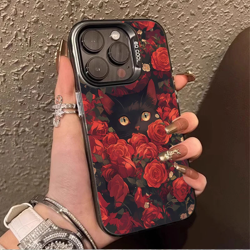 Black Cat Rose Flower Sea Matte Case for Samsung Galaxy A32 A52 A52S A72 A51 A71 4G A25 A55 A35 A15 A05 A05S 5G A13 A23 A12 A22