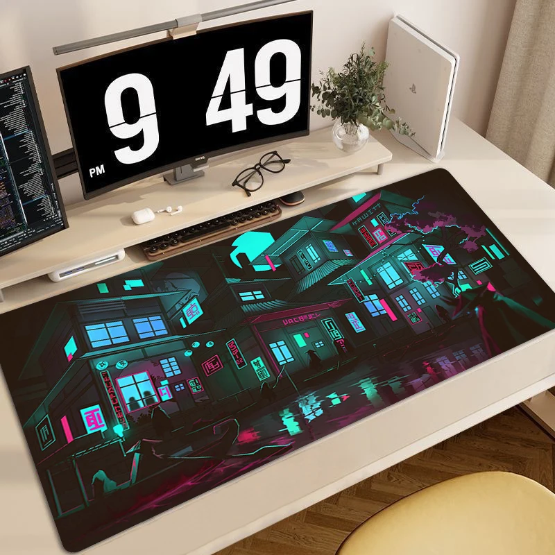 

Blue Neon City Gaming Mousepad Japanese Style Large Mouse Mat Anime Rubber Keyboard Mouse Pad Gamer Locking Edge Keyboard Mat