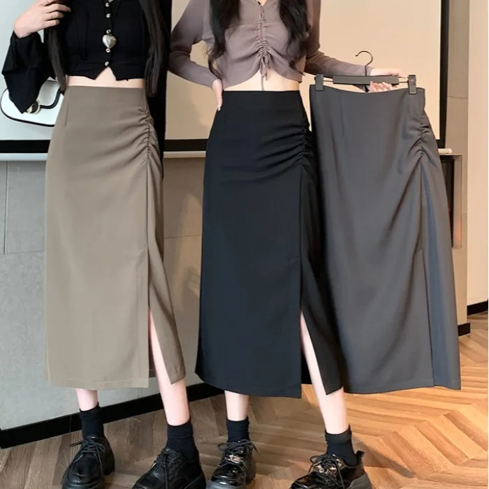 

Утягивающая универсальная юбка средней длины с разрезом, юбка-миди трапециевидной формы с высокой талией, универсальная женская мода, весенний сезон, полиэфирное волокно