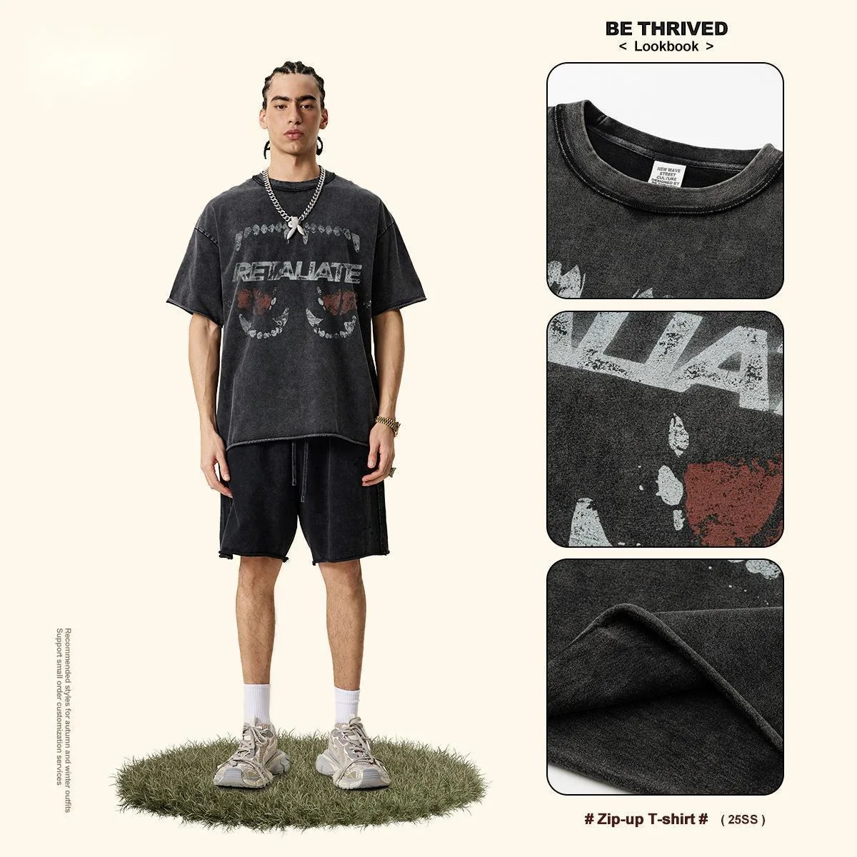 

Новая мужская мода 2025 года, летняя винтажная футболка в американском уличном стиле с коротким рукавом и закрученным подолом, большая футболка с небольшим вырезом JGN4