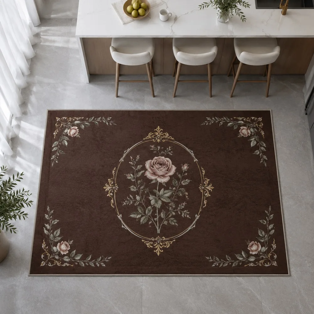 VIKAMA Area Rug Chestnut Single Rose Botanical Sketch Aesthetic Foldable Hallway Bedside Laundry Room Staircase Room Decor