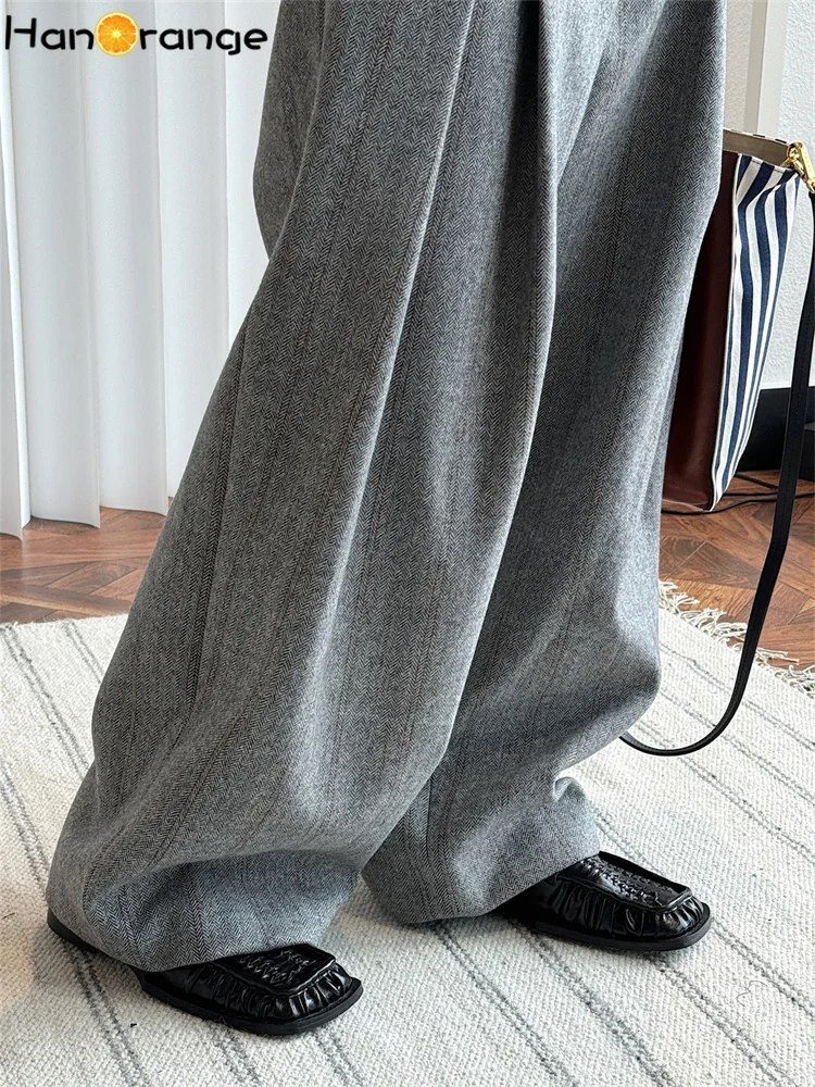HanOrange 2026 Heavy Weight Winter Retro Herringbone Wool Pressed Double Pleated Trousers Women Wide Legs Pants Gray/Brown