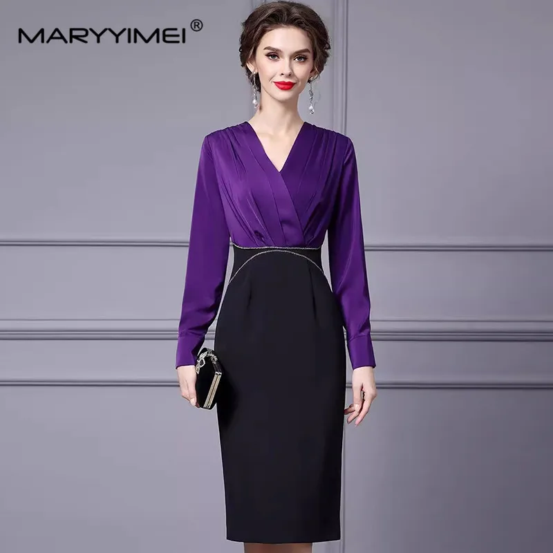 MARYYIMEI Women's New Style Commuter Dress V-Neck Long-Sleeved Beading Color Block Patchwork Slim Office Work Pencil Dresses