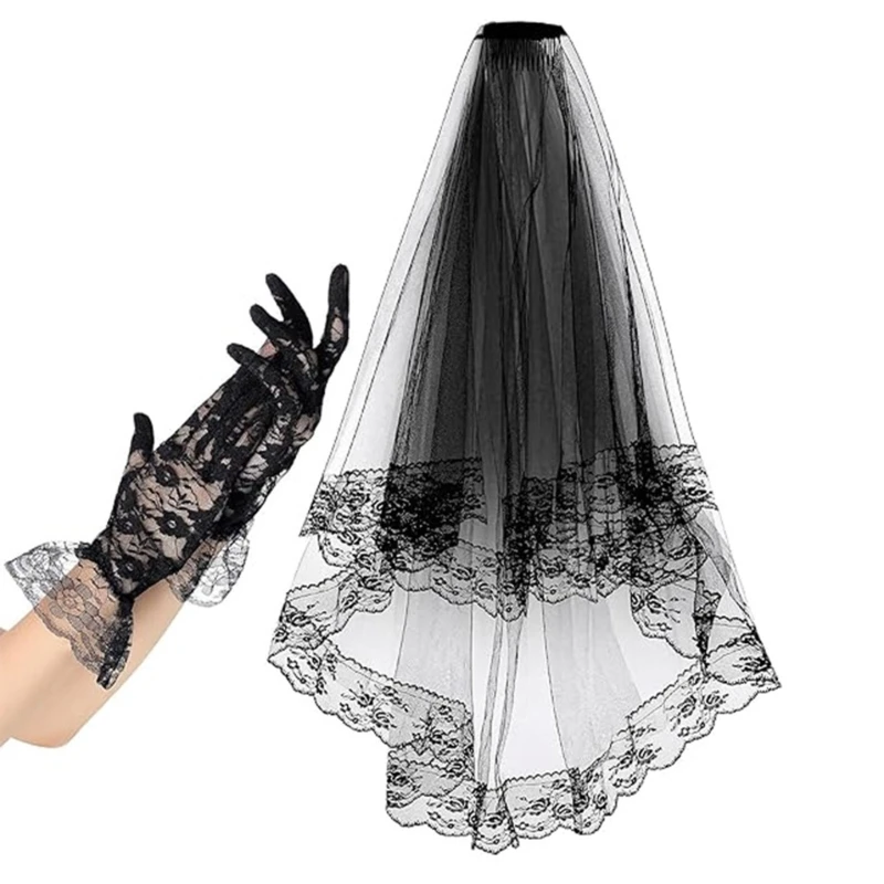 Black Flower Lace Edge Bridal Veils with Comb and Gloves Set Elegant Vintage Wedding Cosplay Performance Hair Accessories