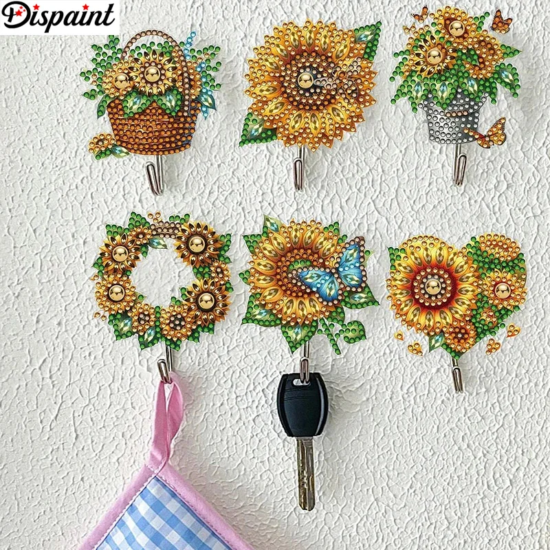 Dispaint 6pcs/set DIY Special-shaped Sunflower 5D Diamond Painting Wall-mounted Key Hook Kit Rhinestone Embroidery Home Decor Gi