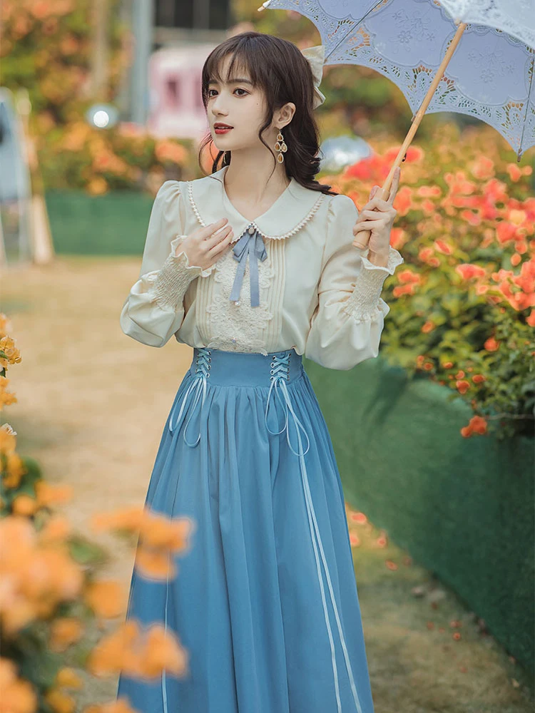 Lolita Style Two Piece Skirt Set Women Spring Autumn Long Sleeve Embroidery Bow Shirt and Lace Patchwork Skirts Outfits