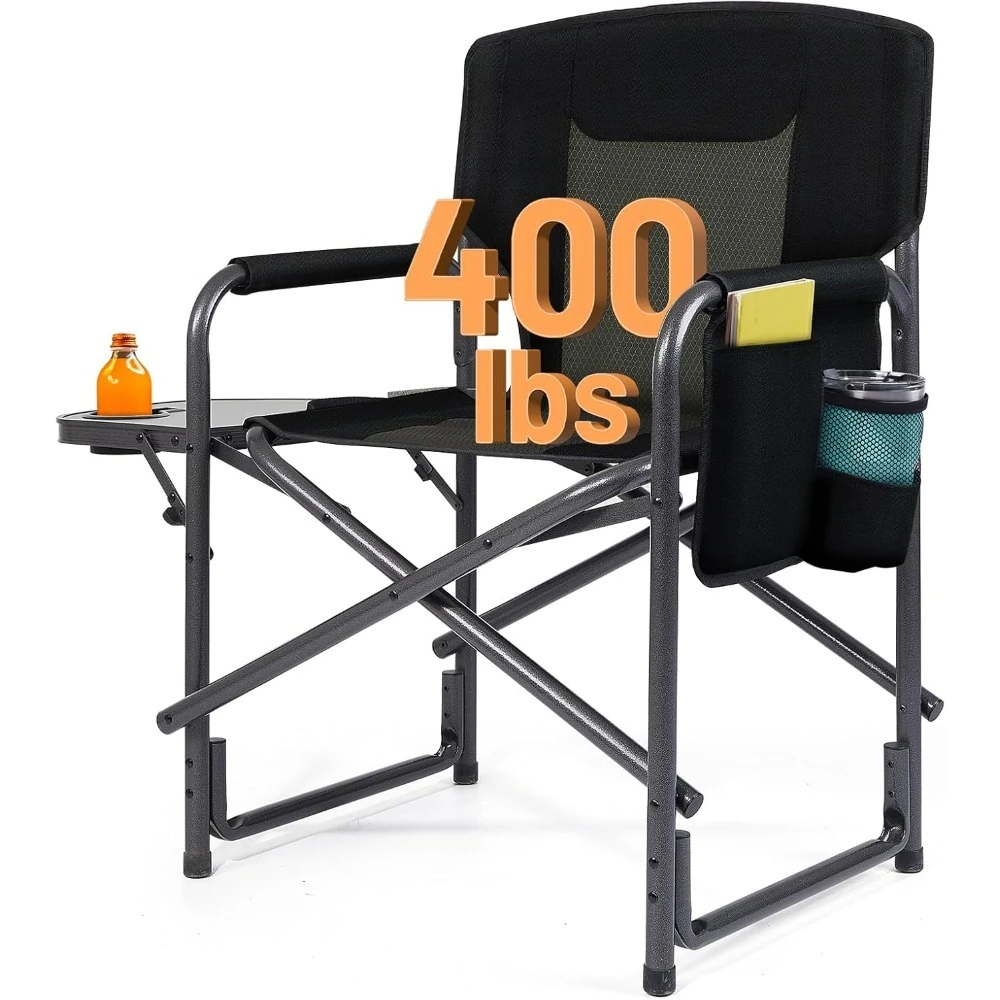 

Lightweight Aluminum Folding Director Chair with Detachable Side Table and Pouch for Outdoor Camping Lawn Picnic Support
