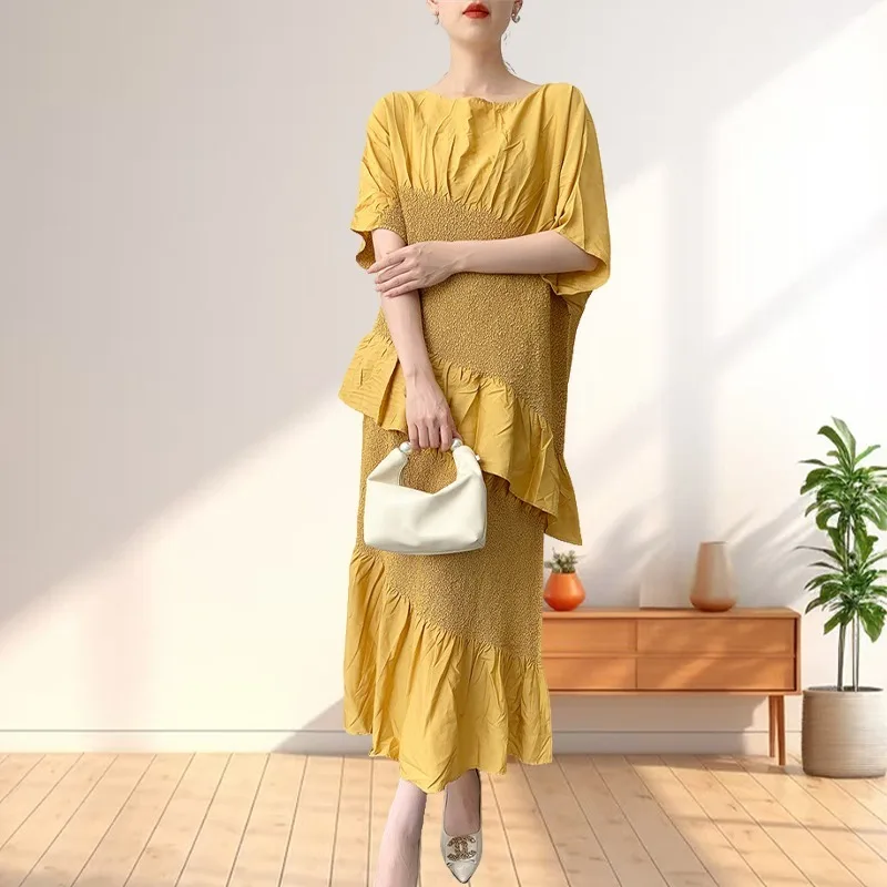 

Miyake Pleated Temperament Embroidered Blouse Half Skirt Suit Summer 2025 New T-shirt Comfortable Casual Thin Section Clothing