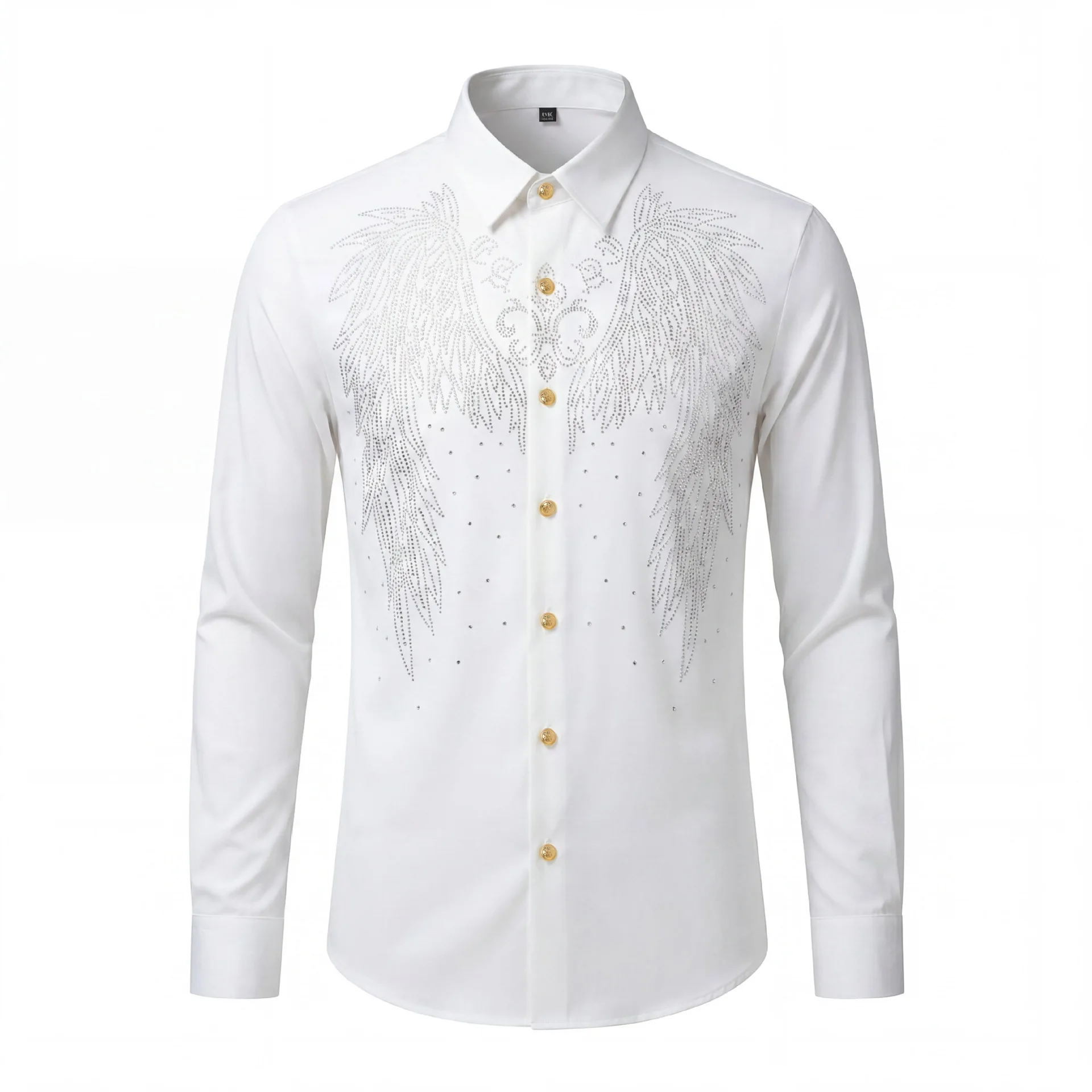 Luxury Winged Rhinestone Shirt Men Golden Button Casual Business Formal Shirts Long Sleeve Social Banquet Party Stage Costumes