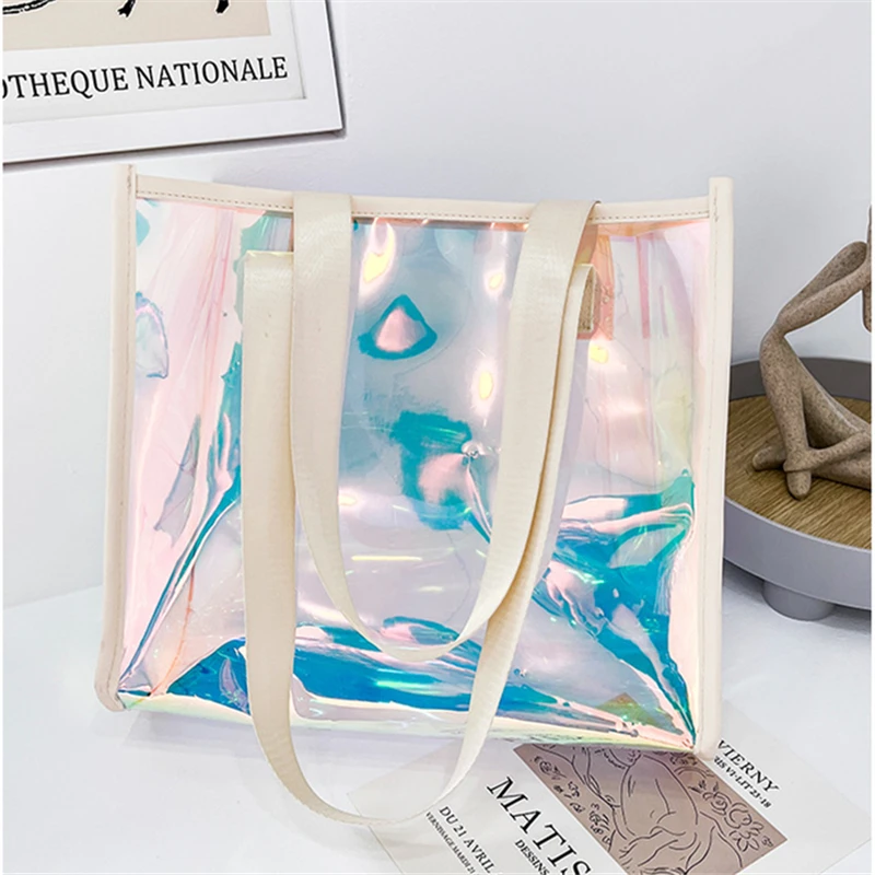 Women\'s PVC Simple Casual Tote Bags Large Capacity Colorful Shoulder Handbag 2022 Fashion Laser Transparent Beach Shopping Bag