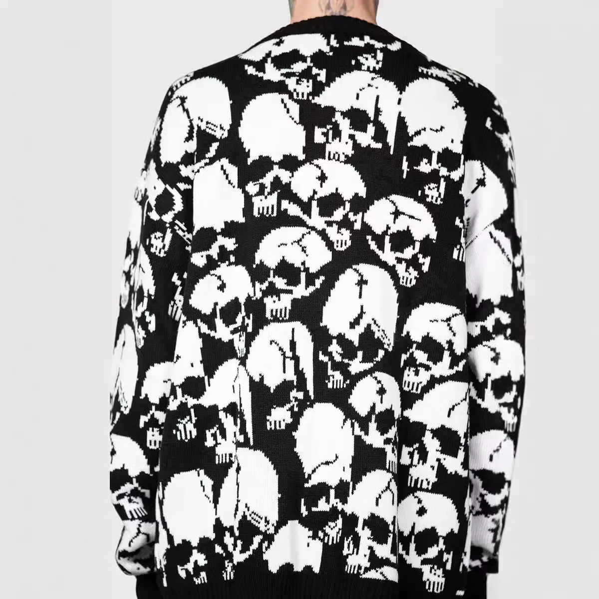 Y2k Long Sleeved Pullover Sweater Cardigan With Dark Skull Jacquard Pattern, Winter Outfit School Ootd Streetwear Oversized