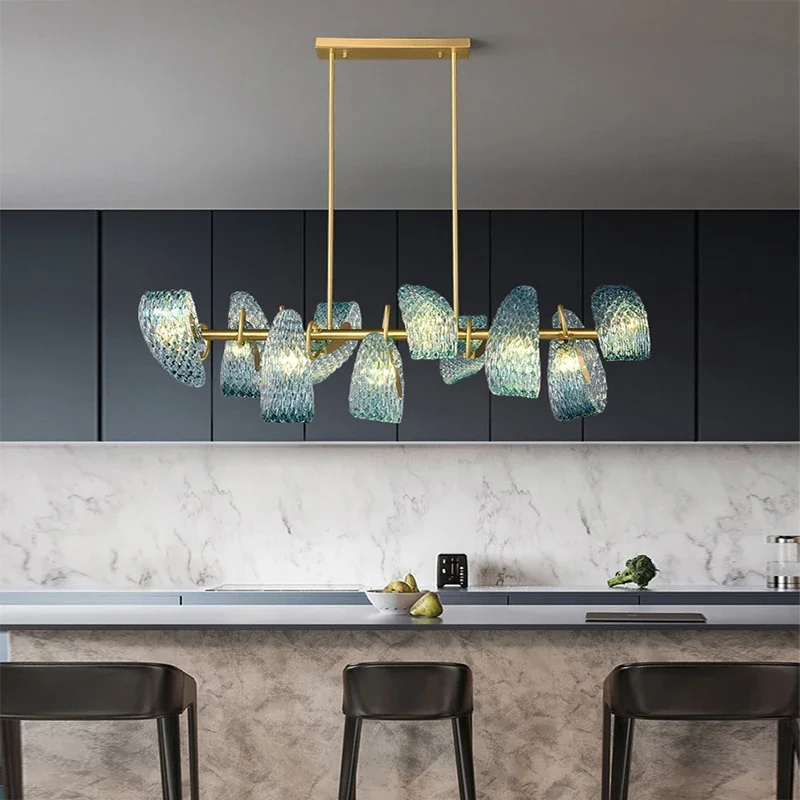 

Spanish minimalist peacock blue glass copper led ceiling chandeliers lighting,Lustre Home Decorative nordic dining room hanging